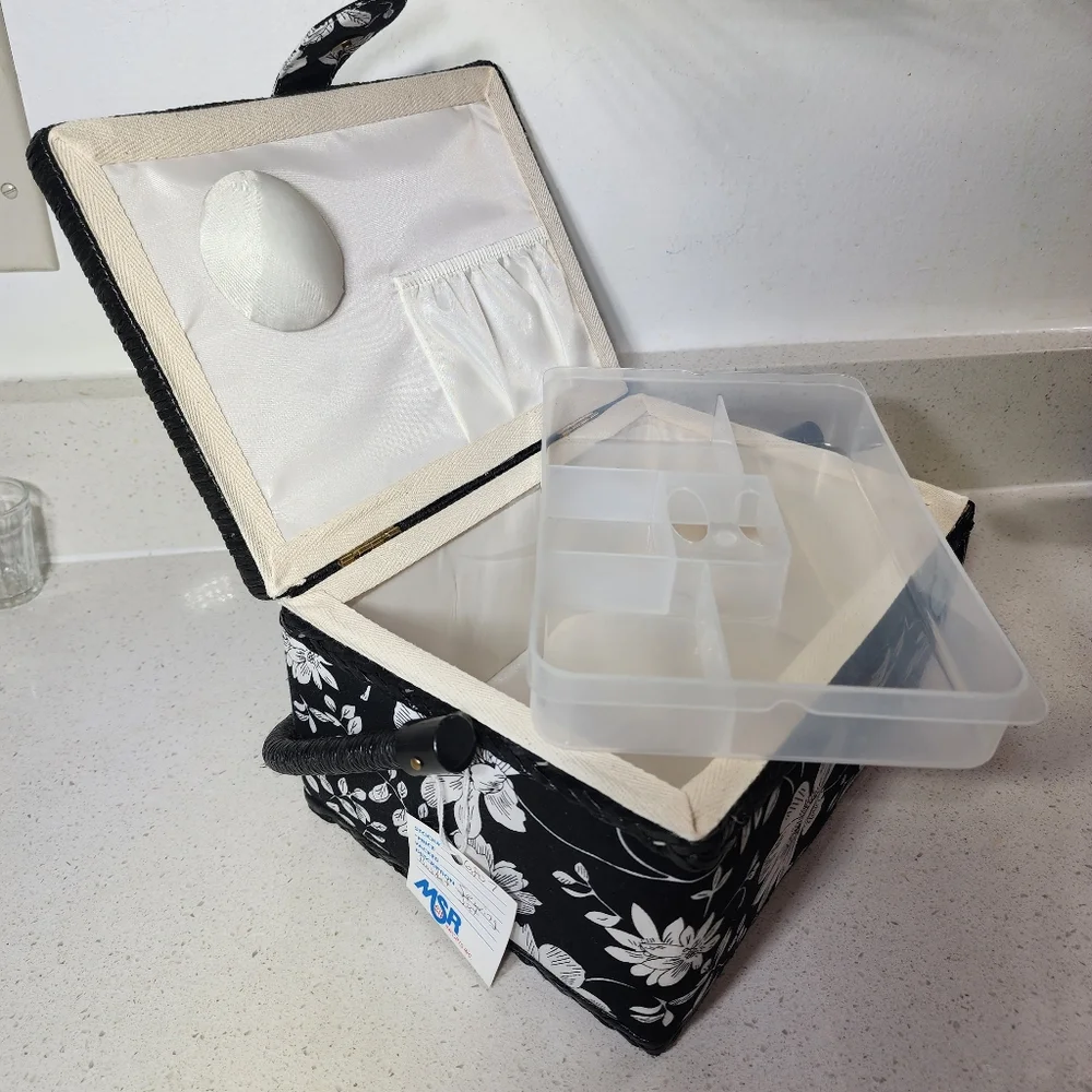 Sewing Basket Set Floral Black and White New With Tags - Picture 1 of 9